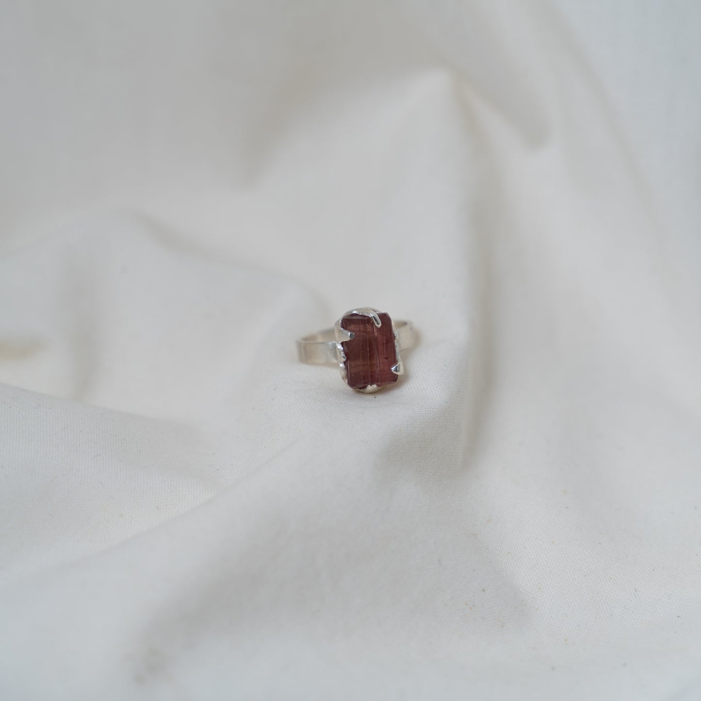 Raw pink tourmaline silver ring