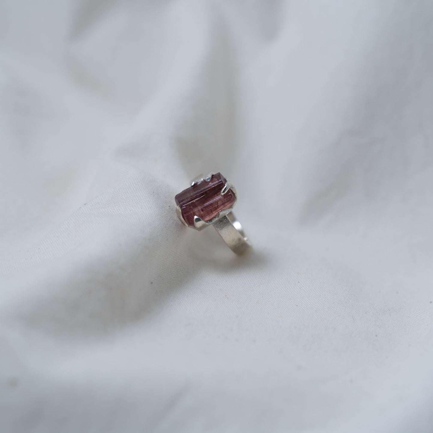 Raw pink tourmaline silver ring