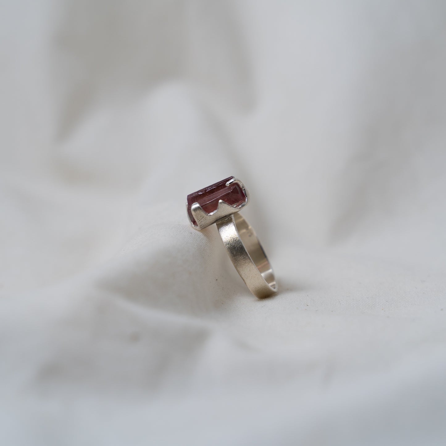Raw pink tourmaline silver ring