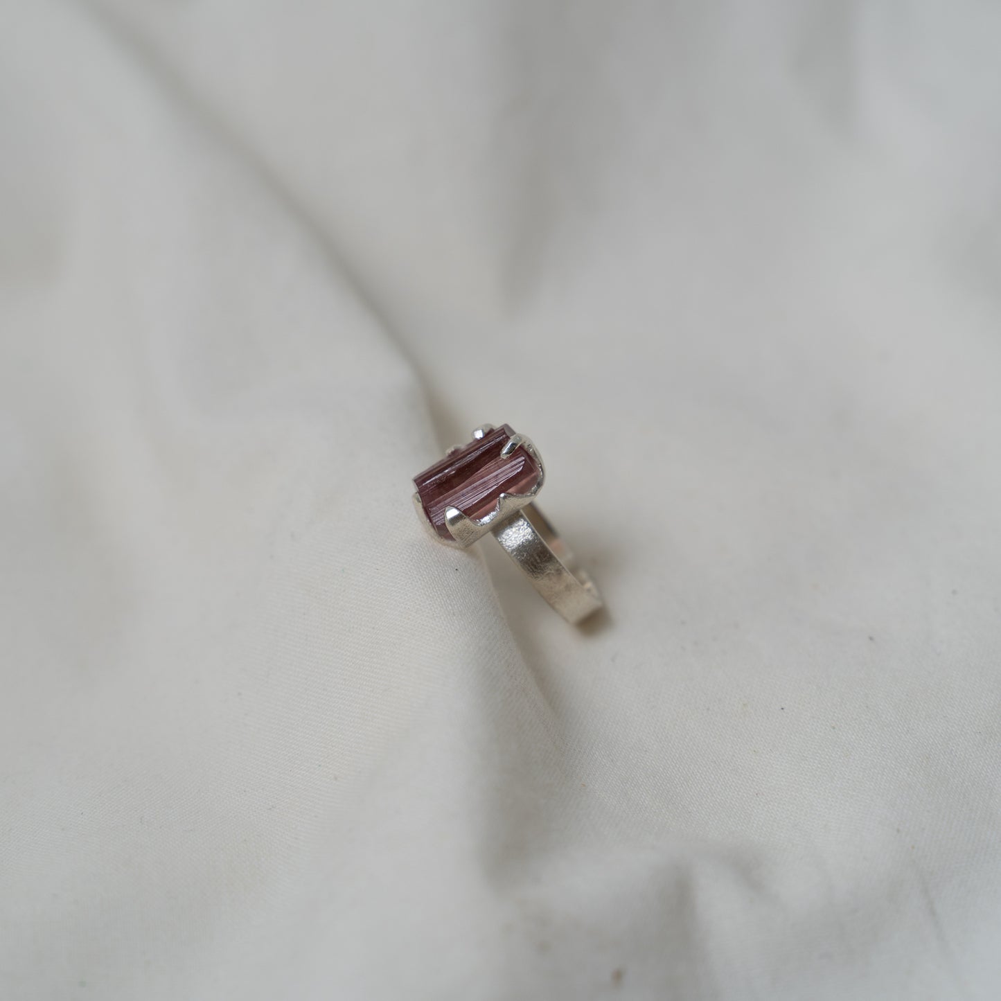 Raw pink tourmaline silver ring