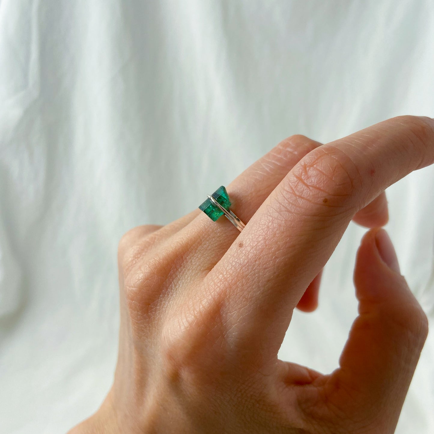 Raw green tourmaline, bohemian silver ring