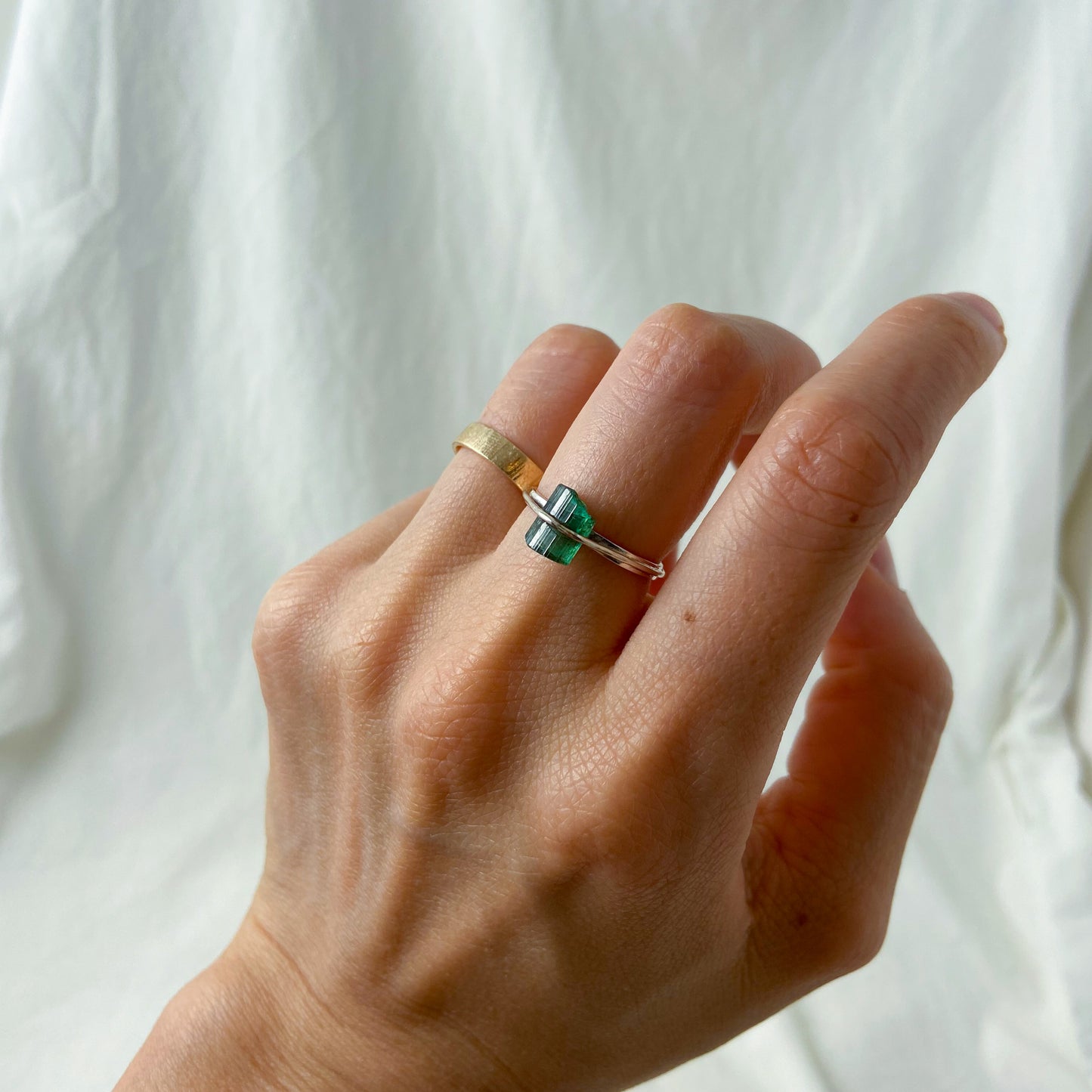 Raw green tourmaline, bohemian silver ring