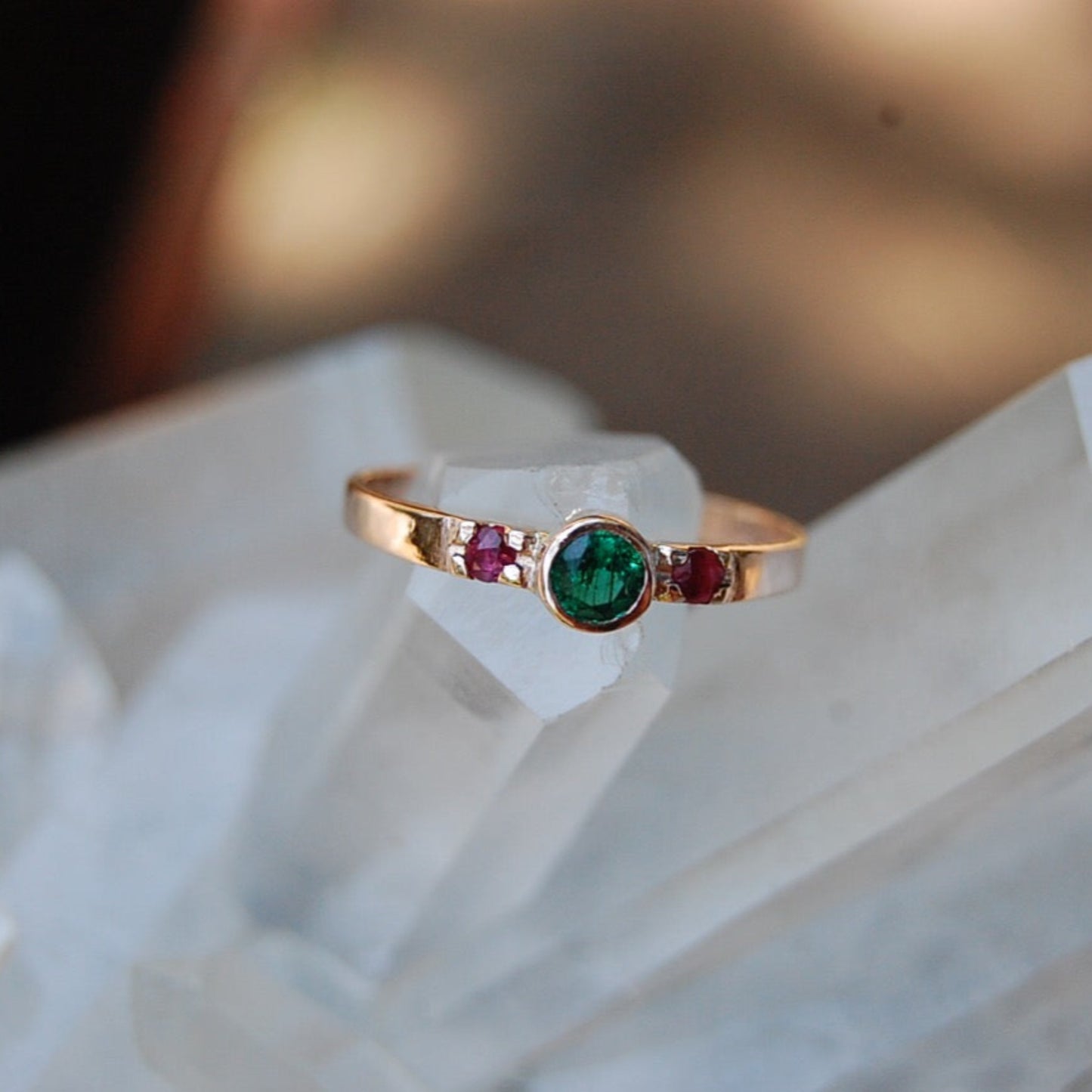 Emerald and ruby ring set in 10k rose gold