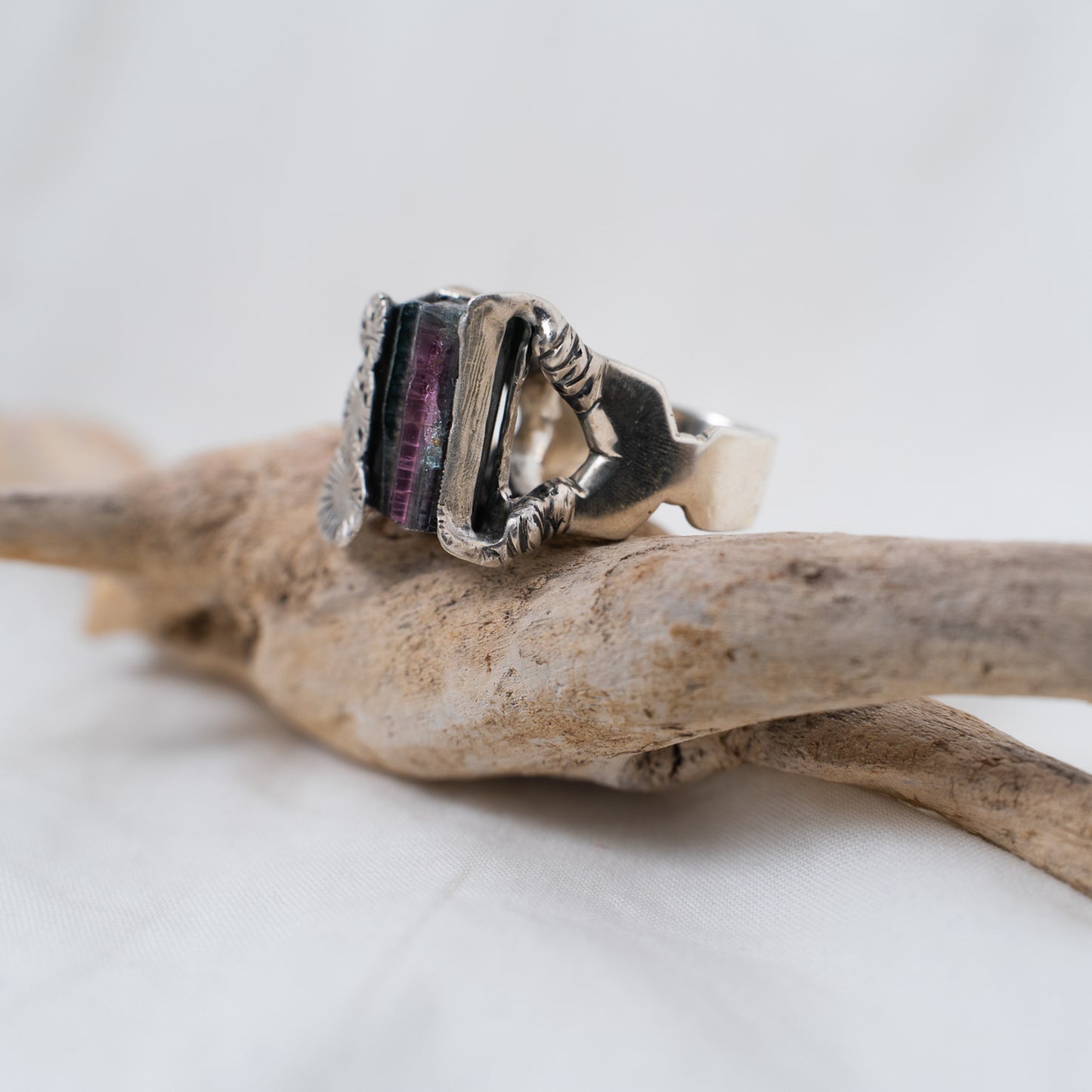 The Savannah Ring, oxidized sterling silver hand sculpted and cast from wax with a hand set raw watermelon tourmaline crystal in this iconic statement ring