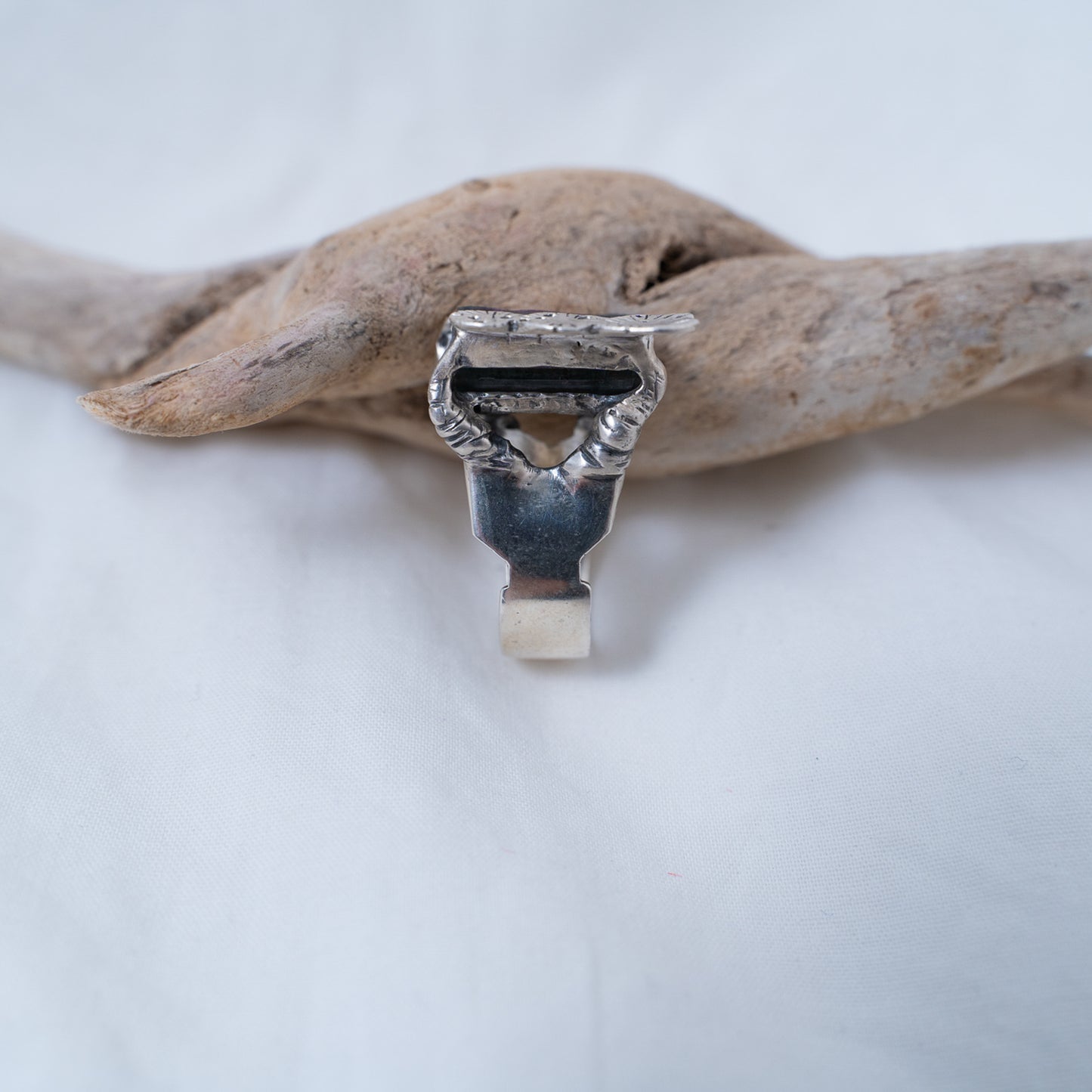 The Savannah Ring, oxidized sterling silver hand sculpted and cast from wax with a hand set raw watermelon tourmaline crystal in this iconic statement ring