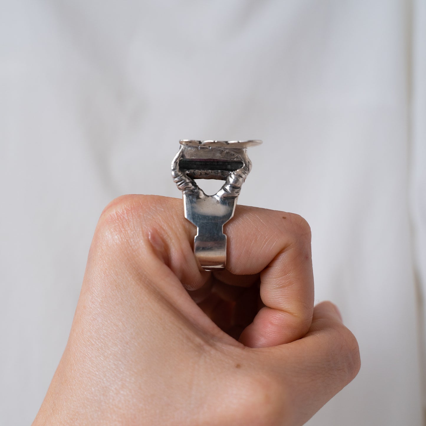 The Savannah Ring, oxidized sterling silver hand sculpted and cast from wax with a hand set raw watermelon tourmaline crystal in this iconic statement ring