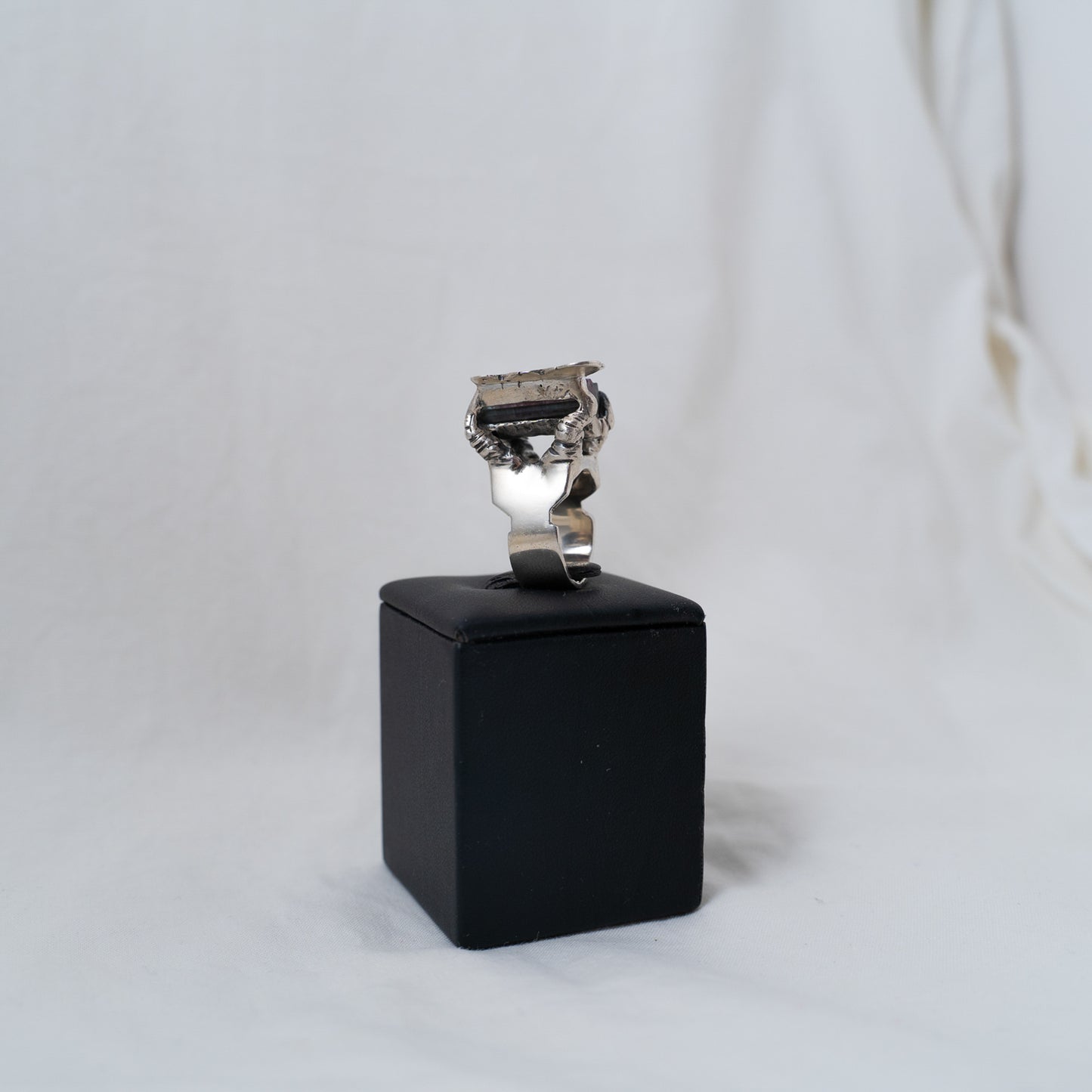 The Savannah Ring, oxidized sterling silver hand sculpted and cast from wax with a hand set raw watermelon tourmaline crystal in this iconic statement ring