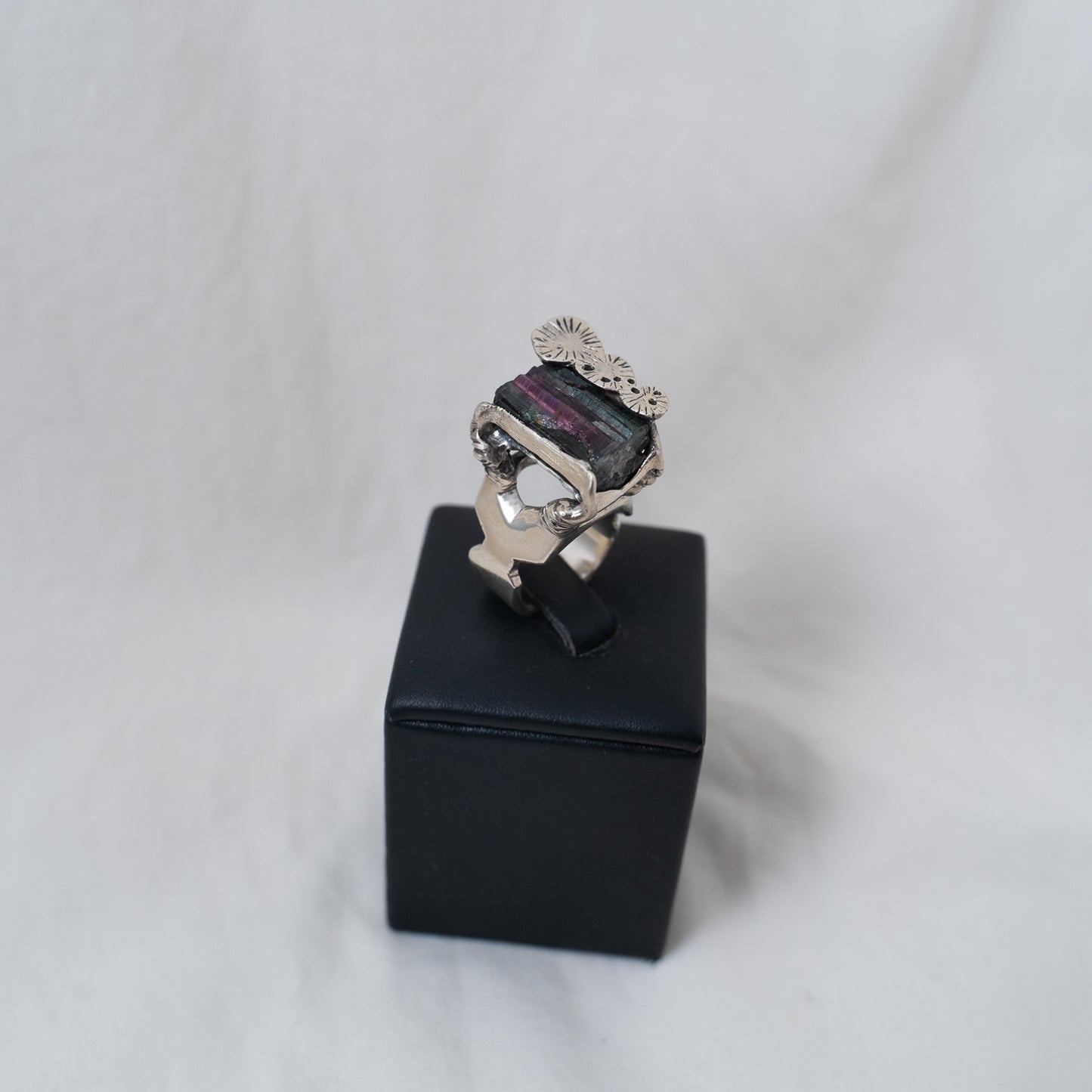 The Savannah Ring, oxidized sterling silver hand sculpted and cast from wax with a hand set raw watermelon tourmaline crystal in this iconic statement ring