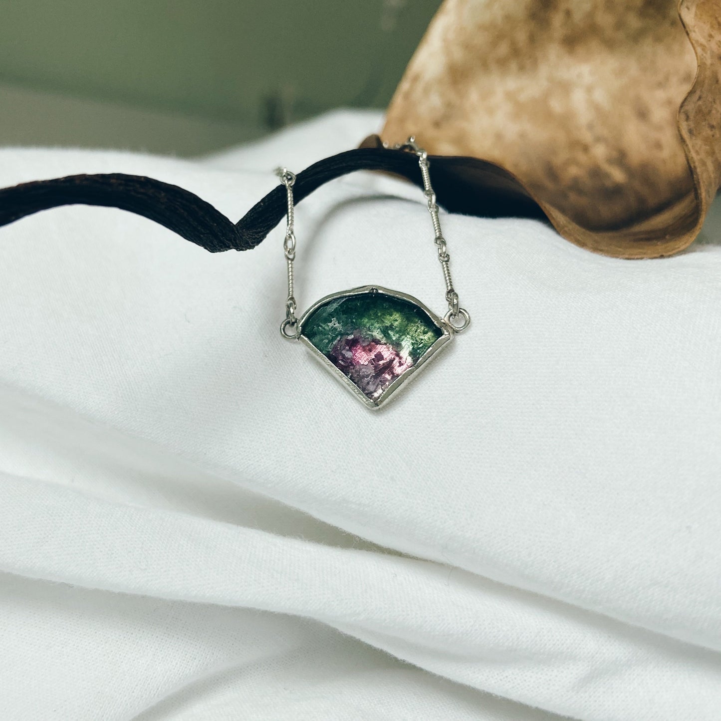 Triangular Watermelon tourmaline silver necklace