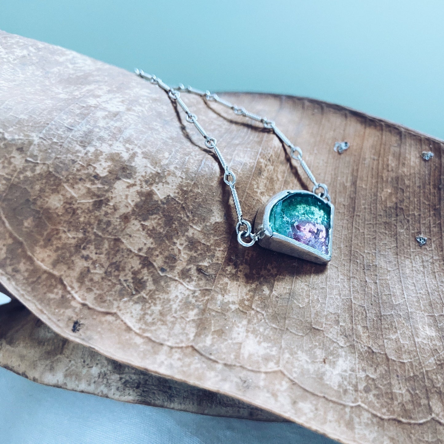 Triangular Watermelon tourmaline silver necklace