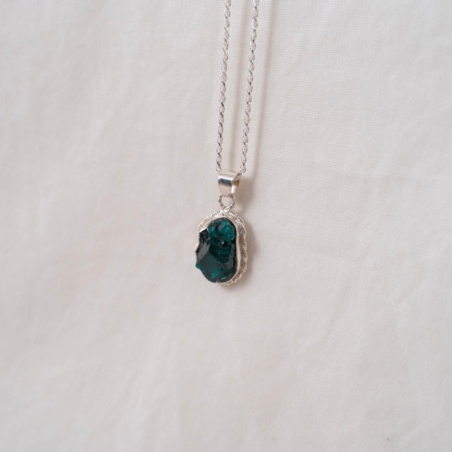 Delicate dioptase silver pendant