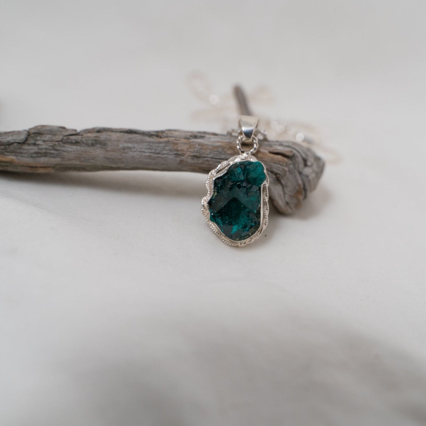 Delicate dioptase silver pendant