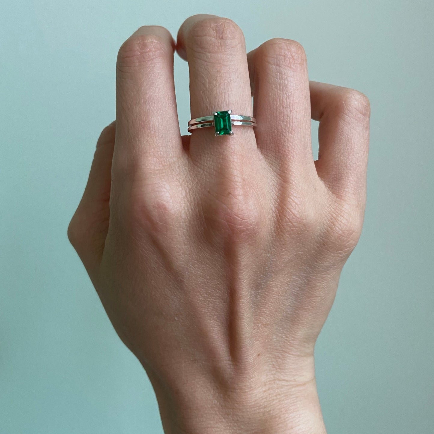 Cubic zirconia emerald silver ring double set