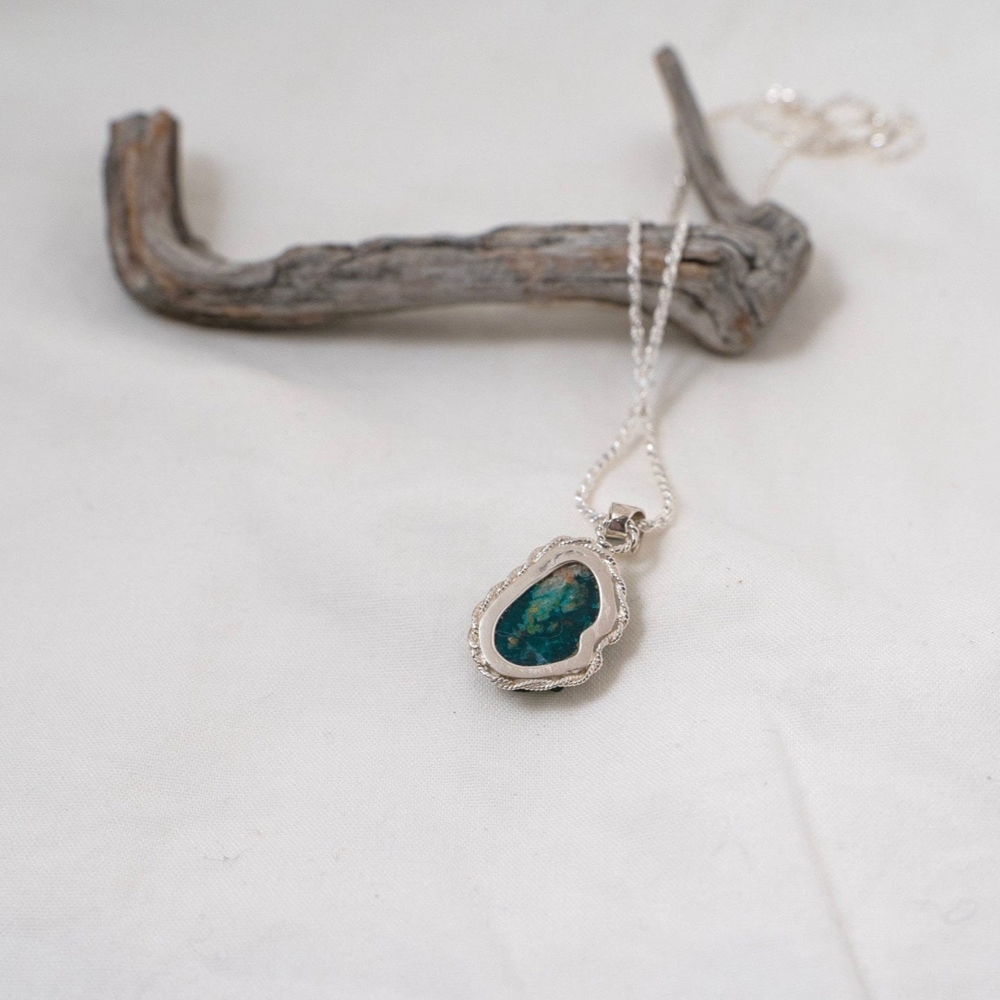 Delicate dioptase silver pendant