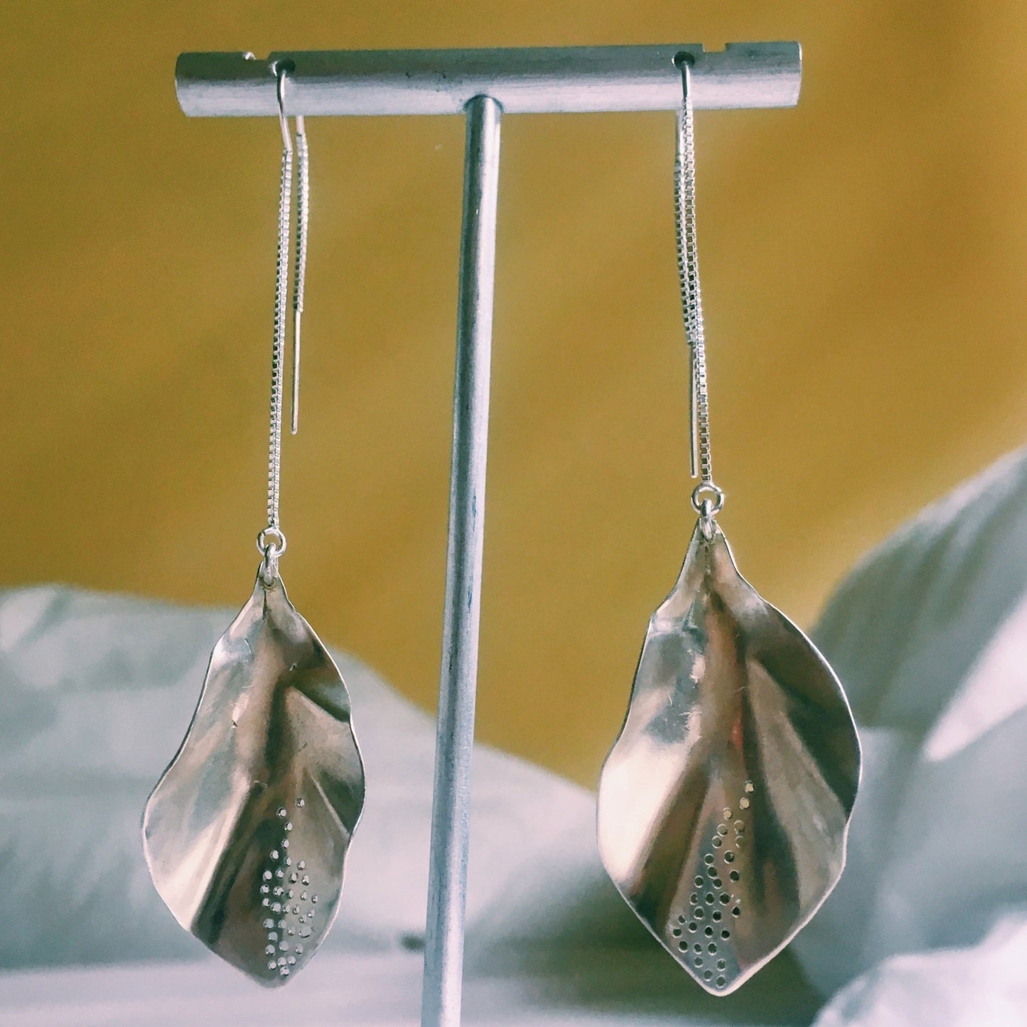 Organic leaf silver threader earrings