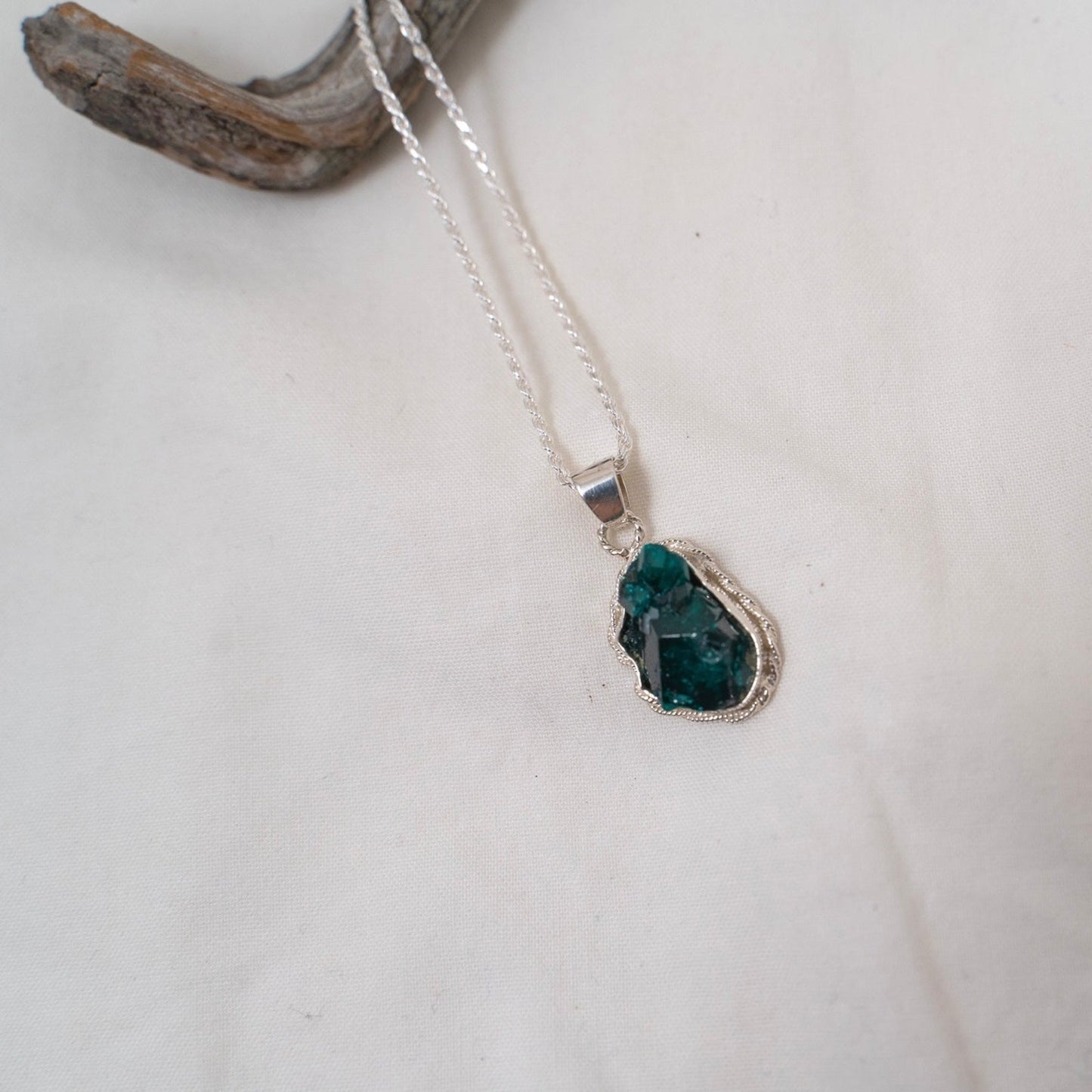 Delicate dioptase silver pendant
