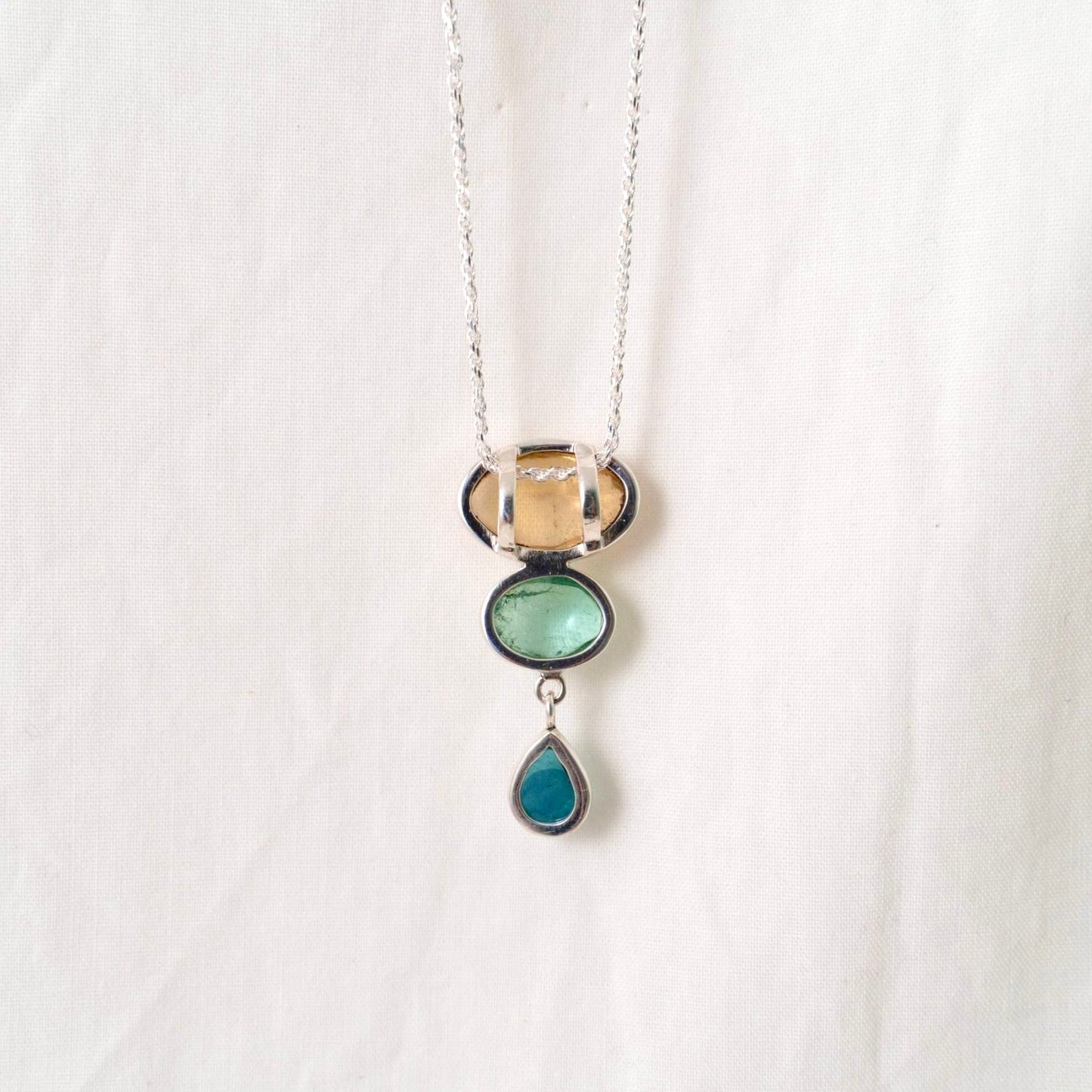 Citrine, Paraiba Tourmaline and Aquamarine silver pendant