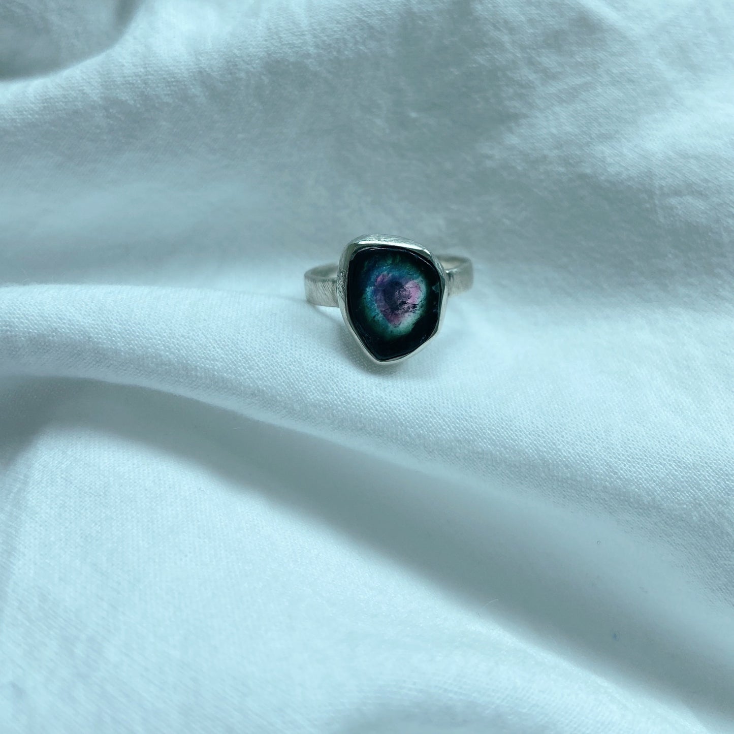 Silver handcrafted watermelon tourmaline ring