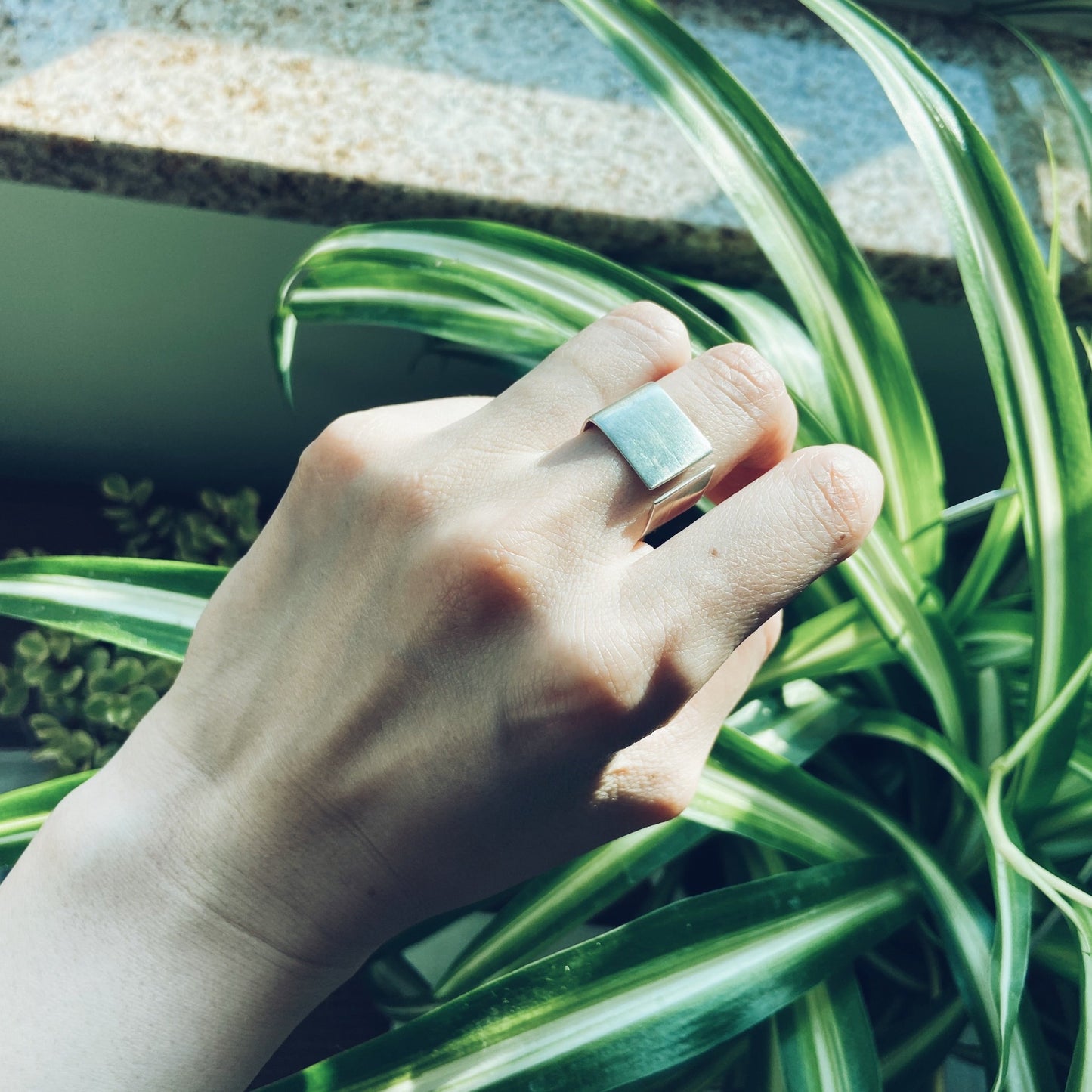 Open, silver, handmade, square ring