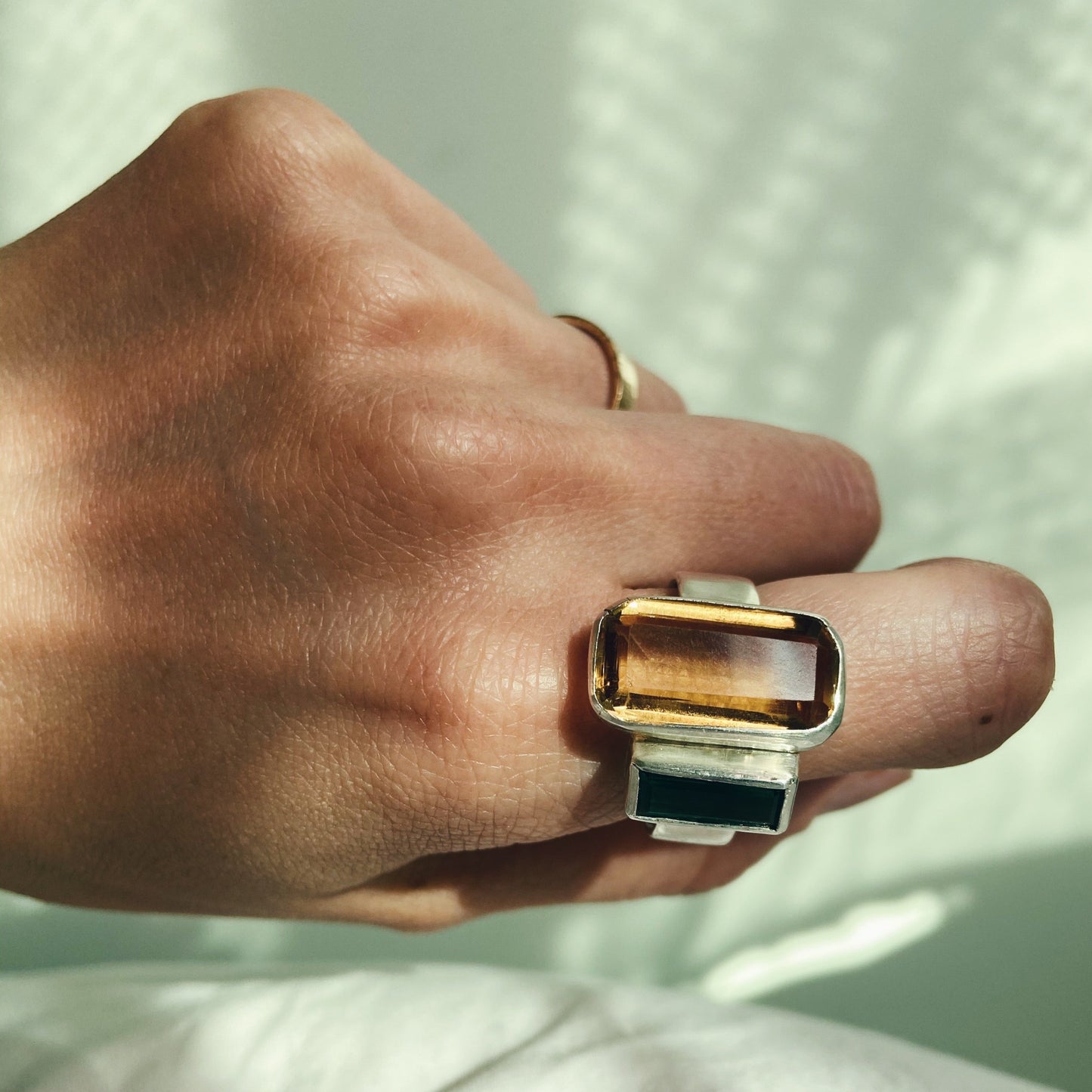 Citrine and Green Tourmaline Silver Ring