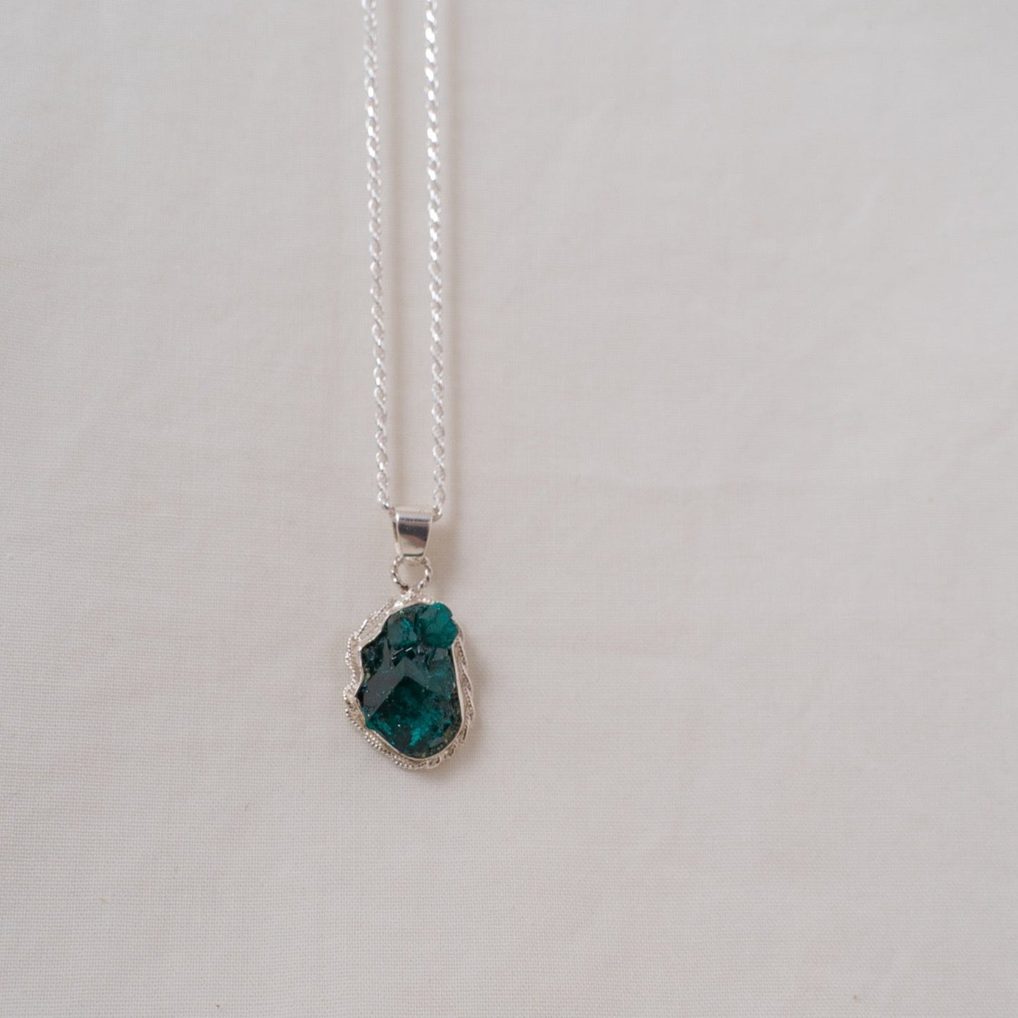 Delicate dioptase silver pendant
