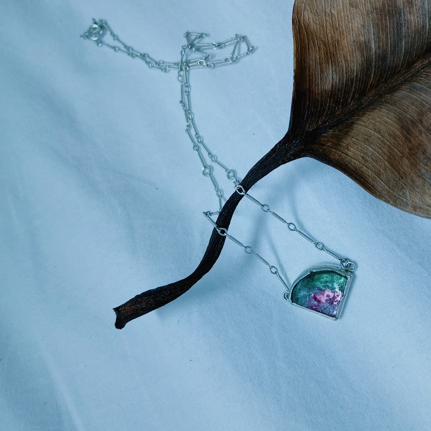 Triangular Watermelon tourmaline silver necklace