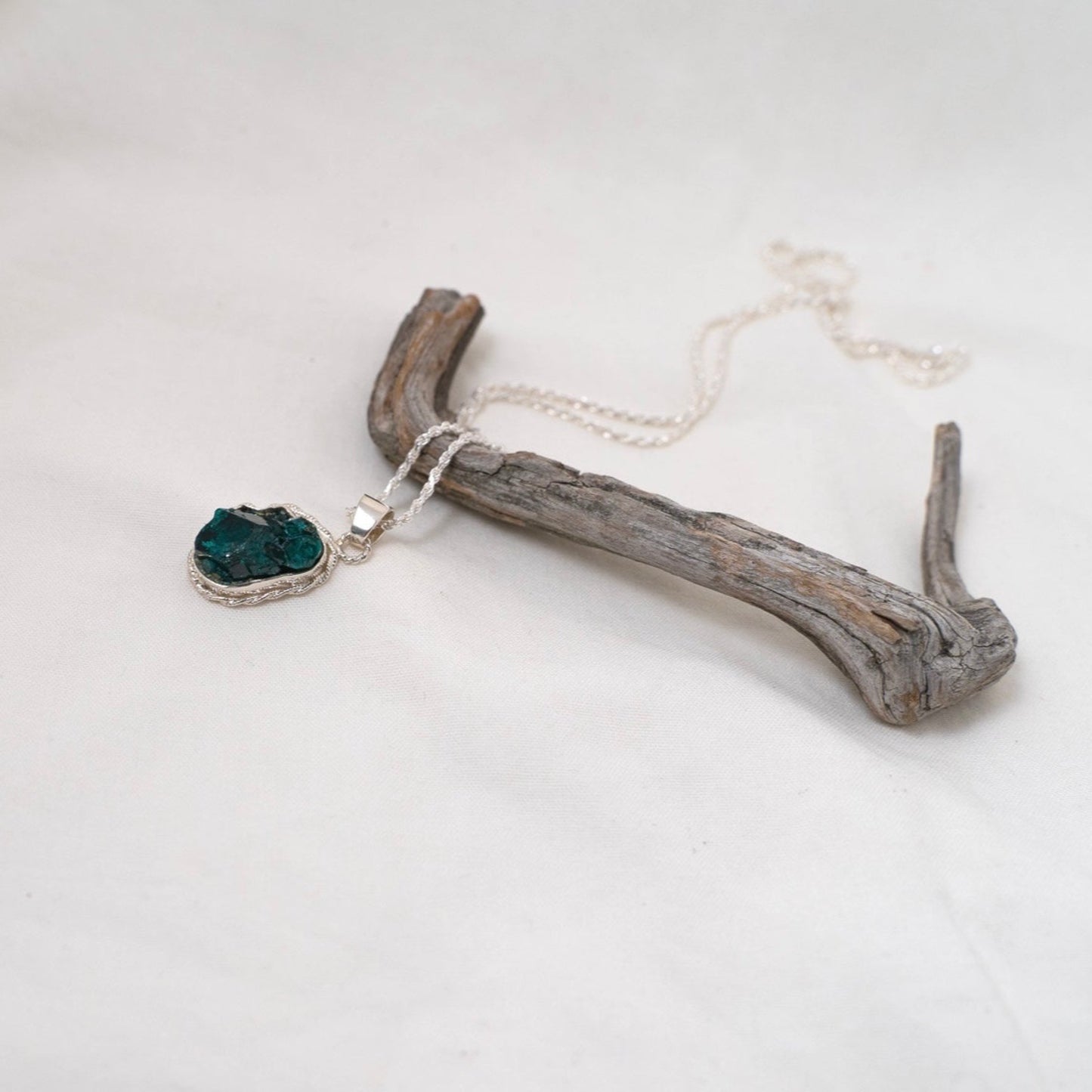 Delicate dioptase silver pendant