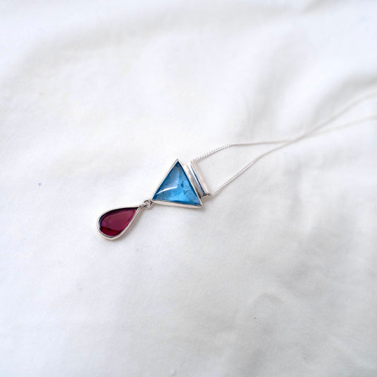 Aquamarine and Garnet, retro-inspired, silver pendant