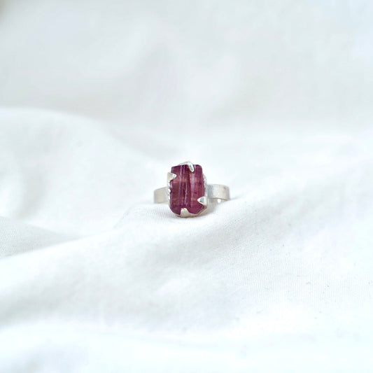 Handmade raw pink tourmaline silver ring