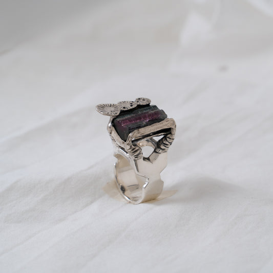 The Savannah Ring, oxidized sterling silver hand sculpted and cast from wax with a hand set raw watermelon tourmaline crystal in this iconic statement ring