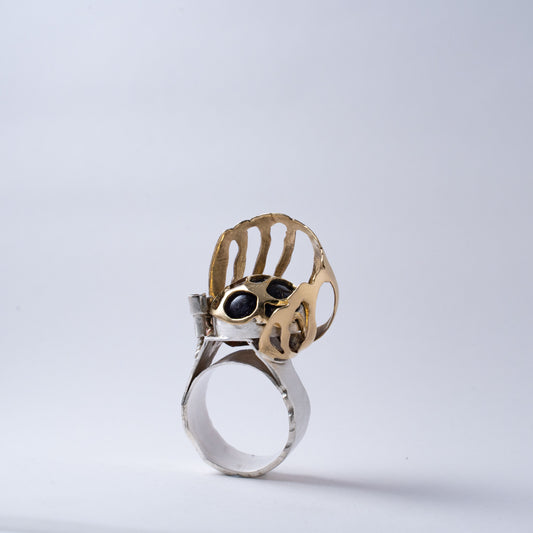 Handmade Brass & Silver Ring with Amethyst – Coral-Inspired Statement Jewelry