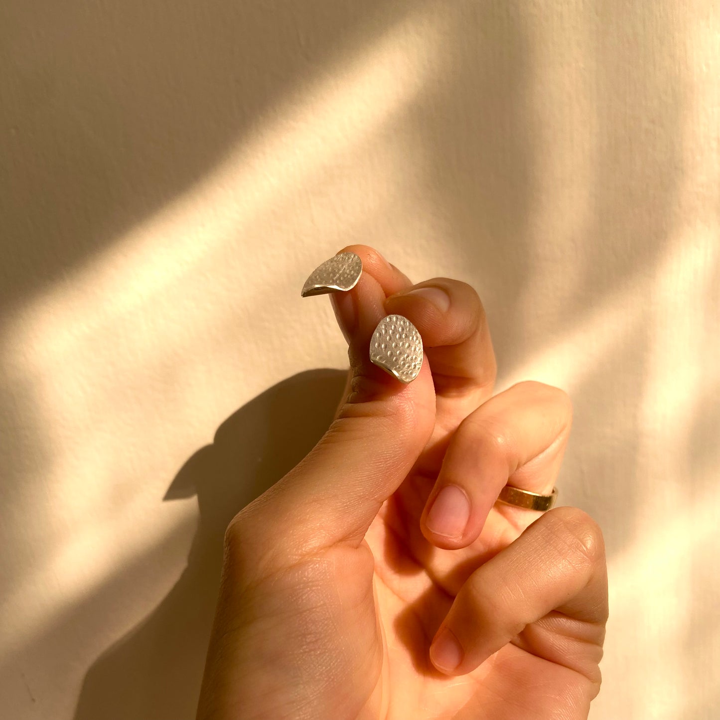 Repurposed, textured leaf, silver stud earrings