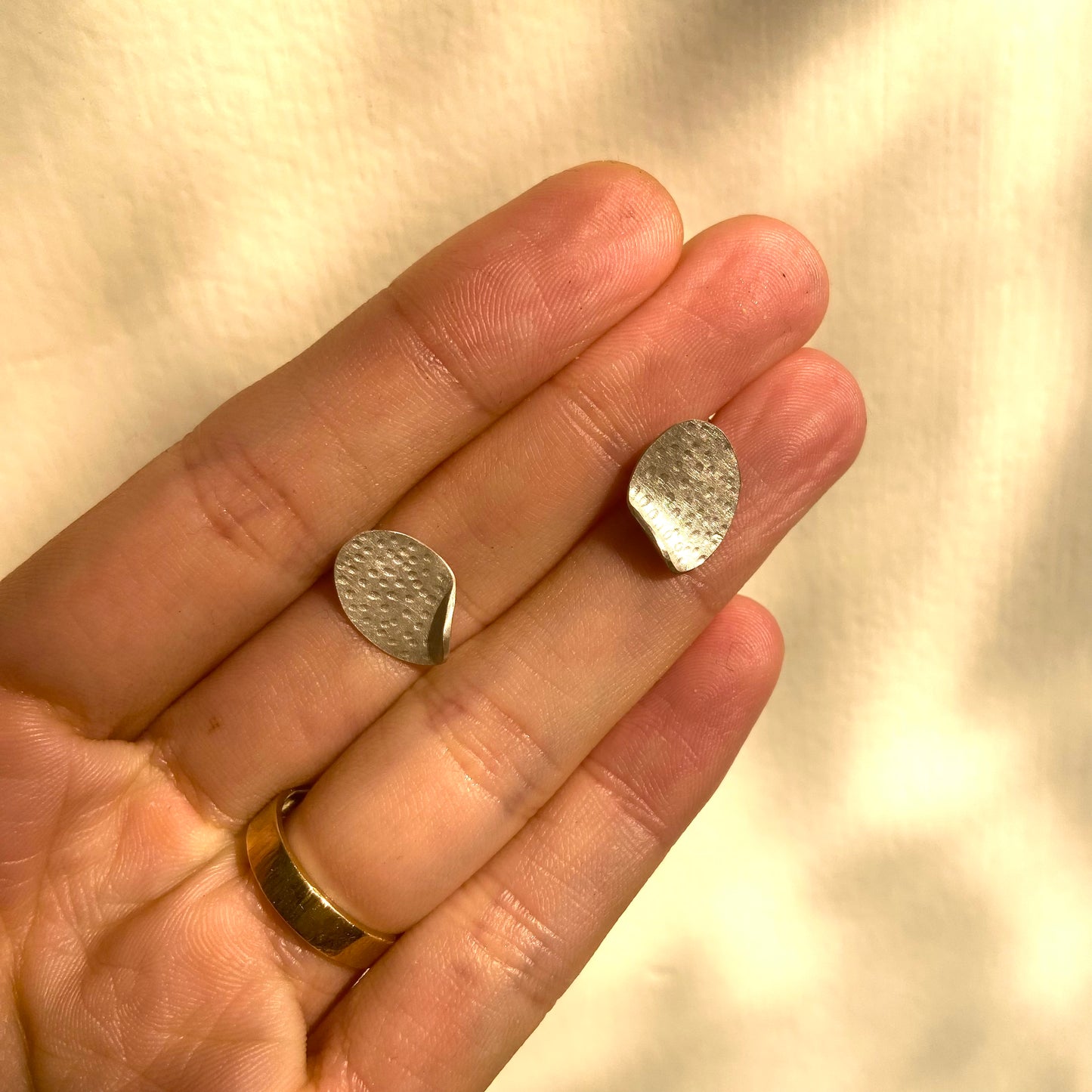 Repurposed, textured leaf, silver stud earrings