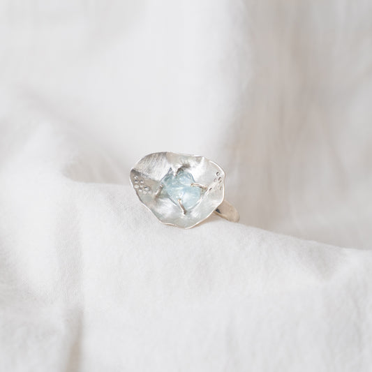 Raw aquamarine floral statement silver ring