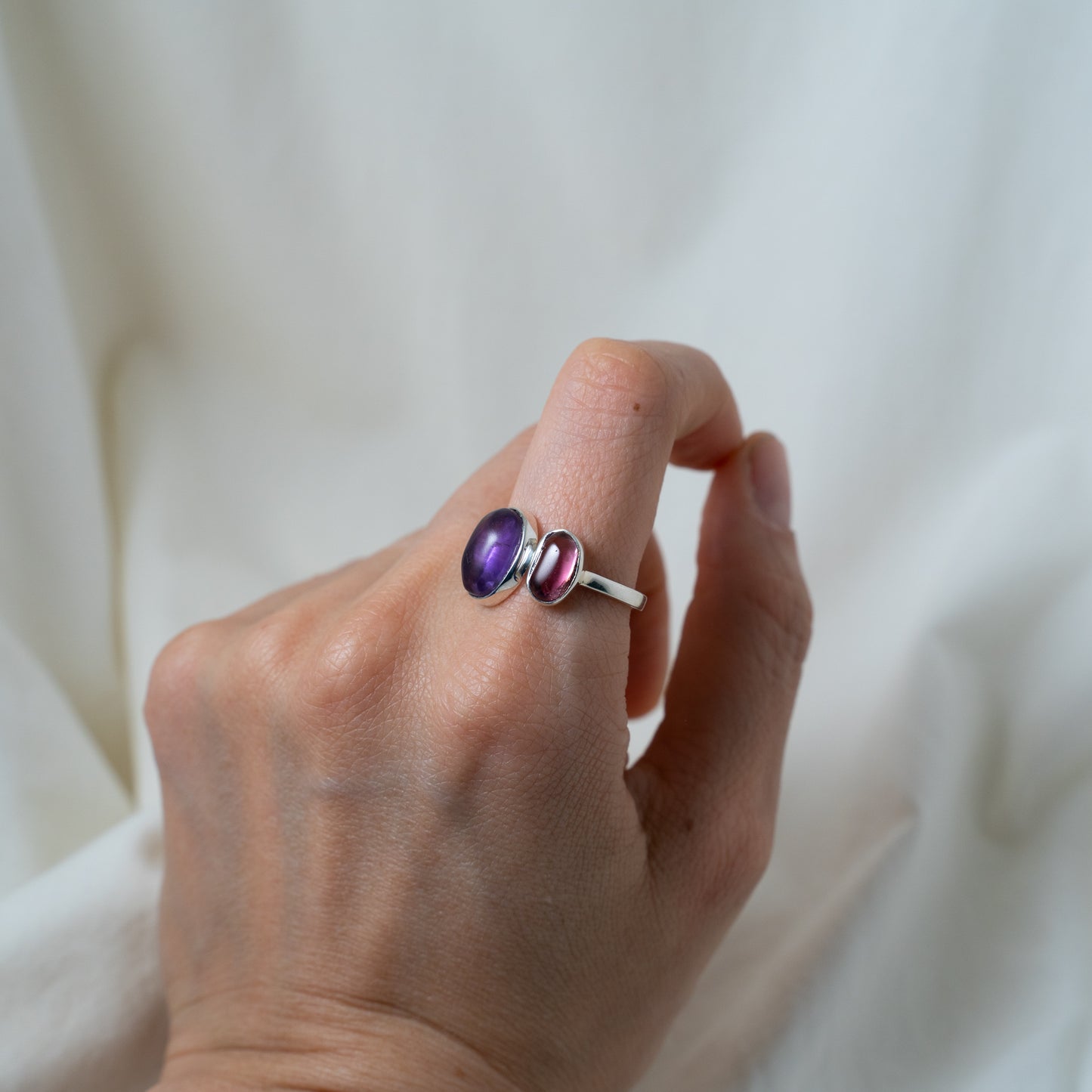 Moi Et Toi Amethyst and Pink tourmaline, open, silver ring