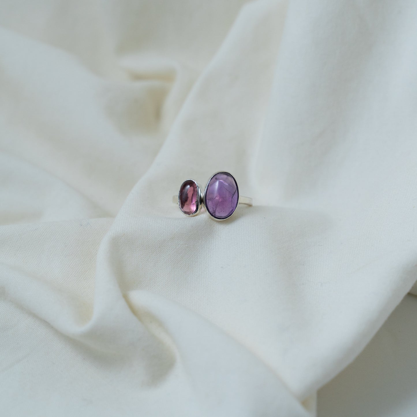 Moi Et Toi Amethyst and Pink tourmaline, open, silver ring