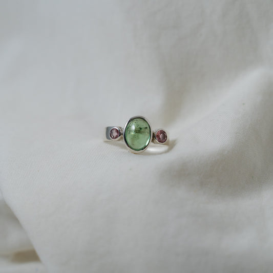 Green tourmaline and pink sapphire silver ring