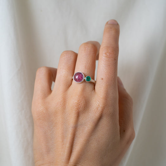 Pink tourmaline and emerald silver ring