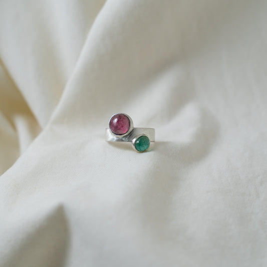 Pink tourmaline and emerald thick band silver ring