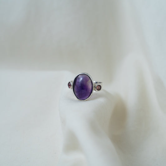 Amethyst Oval cabochon and Pink tourmaline sterling silver ring