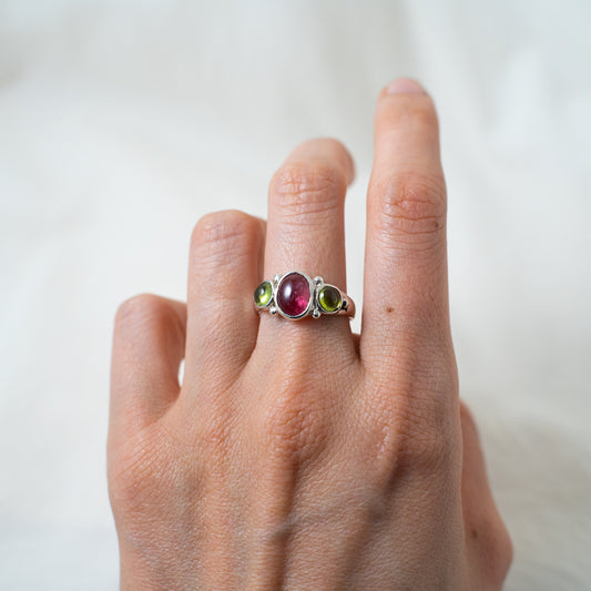 Pink Tourmaline and peridot silver ring