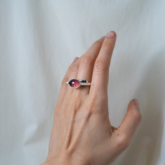 Iconic, retro-inspired, pink tourmaline silver ring