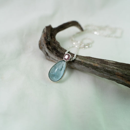 Teardrop aquamarine with faceted pink tourmaline silver pendant