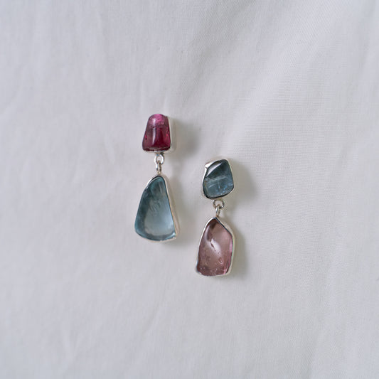 Pink tourmaline and natural aquamarine asymmetrical silver earrings