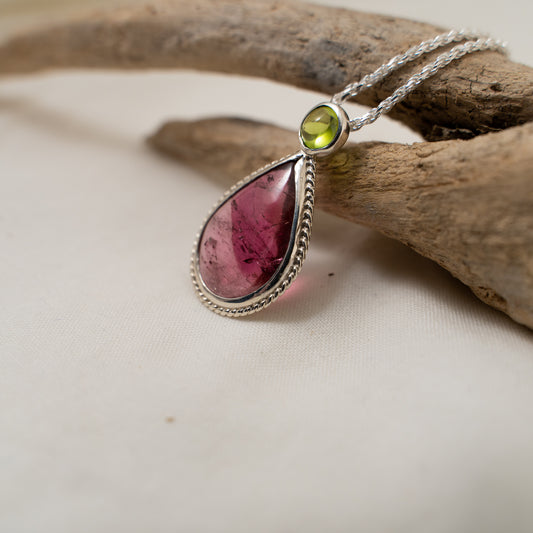 Bi-Color pink tourmaline and green peridot silver pendant