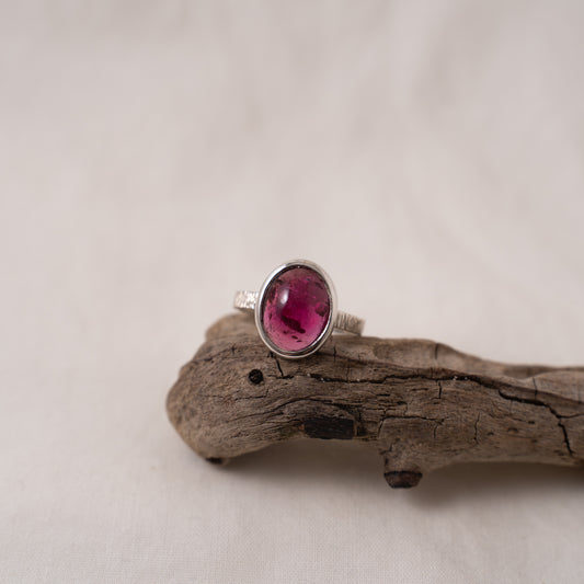 Handcrafted oval pink tourmaline cabochon silver textured ring