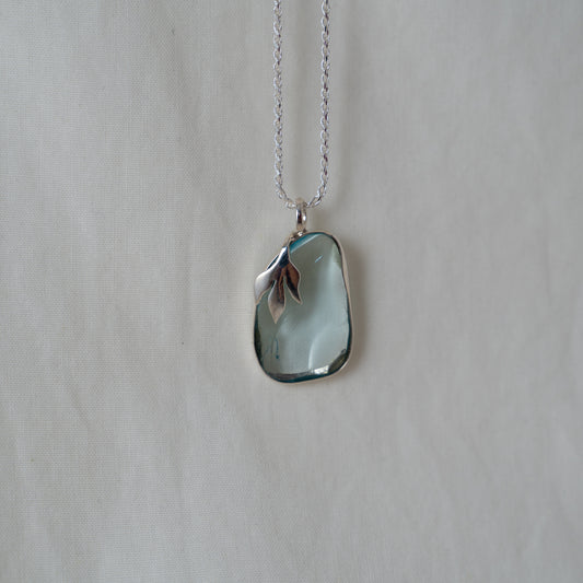 Aquamarine, floral leaf silver pendant