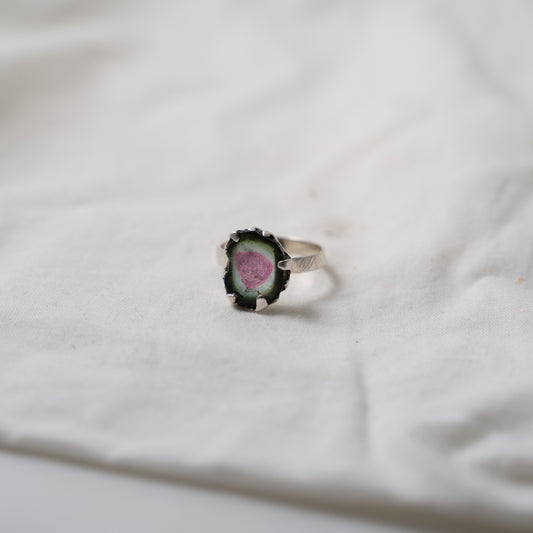 Organically shaped, watermelon tourmaline silver ring