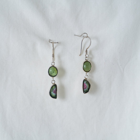 Green and watermelon tourmaline silver dangle earrings