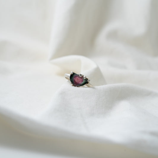 Watermelon tourmaline (half moon shaped) silver ring